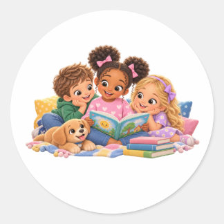 Kids Reading Together Storytime Classic Round Sticker