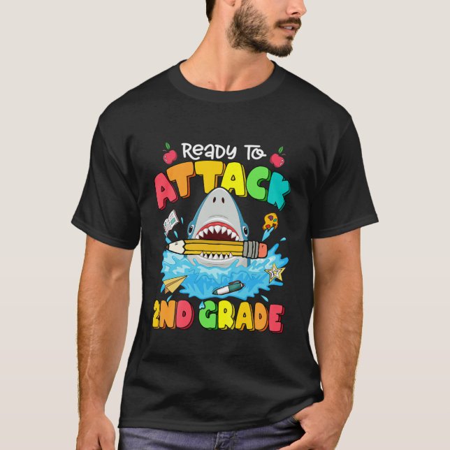 Kids Ready To Attack 2Nd Grade Shark Back To Schoo T-Shirt (Front)