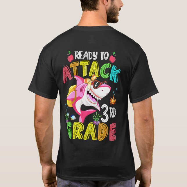 Kids Ready To Attack 3rd Grade Shark Backpack Back T-Shirt (Back)