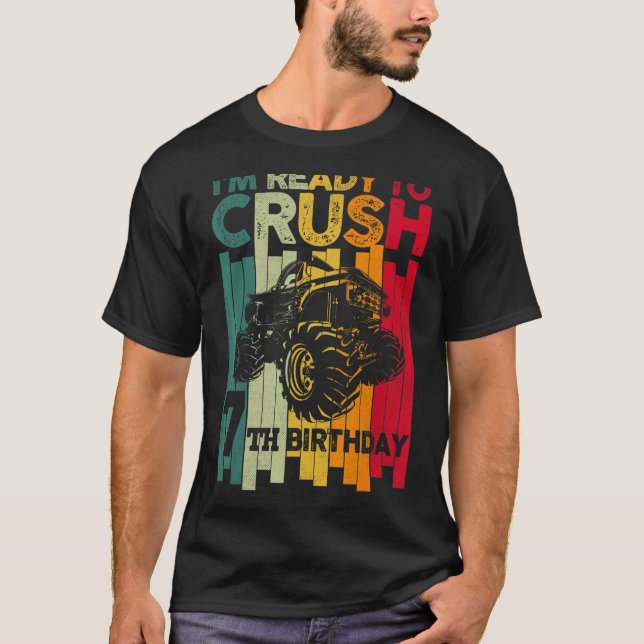 Kids Ready To Crush 7th Birthday 7 Monster Truck R T-Shirt (Front)