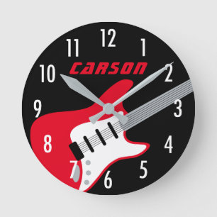 Kids Red and Black Monogram Rockstar Guitar Round Clock