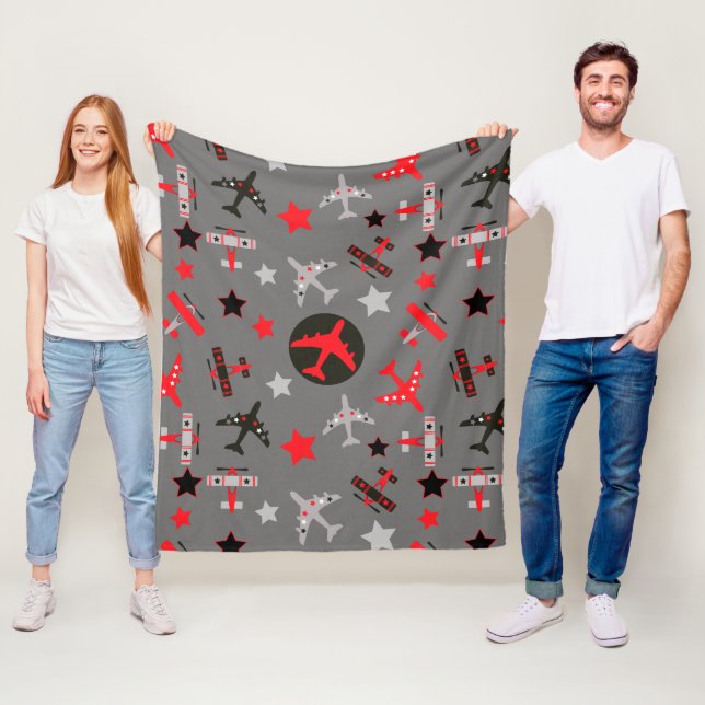 Kid's Red Black Grey Aeroplanes Pattern  Fleece Blanket (In Situ)