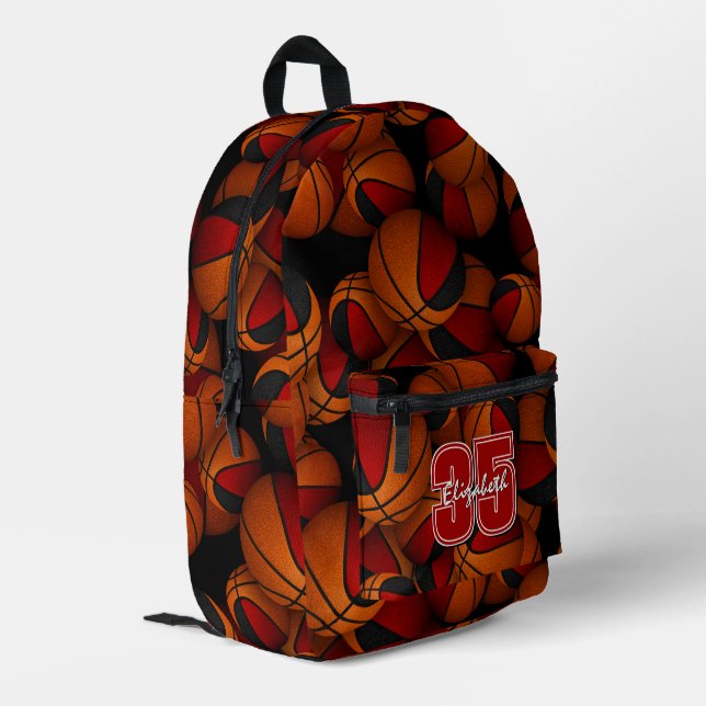 Kids red black team colours basketballs pattern printed backpack (Back Corner Left)