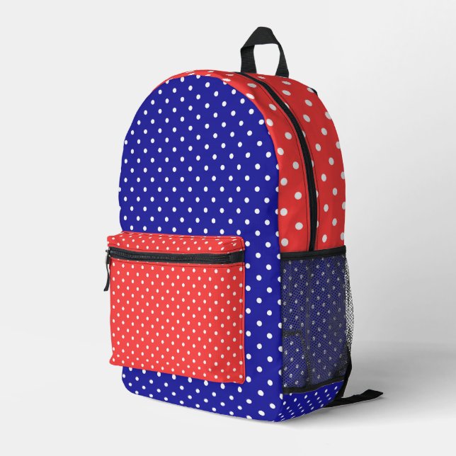 Kids Red Blue Polka Dots  Printed Backpack (Back Corner Right)