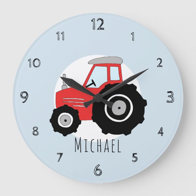Kids Red Farm Tractor Cartoon Car Boys Nursery Large Clock (Front)