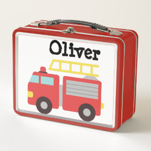 Kid's Red Fire Truck Name Metal Lunch Box