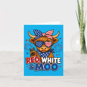 Kids Red White Moo Highland Cow 4th Of July Card
