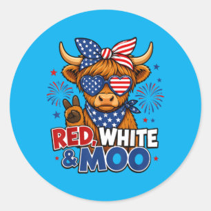 Kids Red White Moo Highland Cow 4th Of July Classic Round Sticker