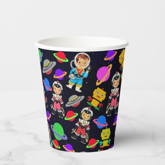 Kids Retro Robots and Astronauts  Paper Cups (Front)