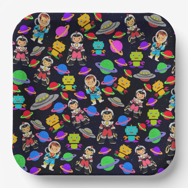 Kids Retro Robots and Astronauts  Paper Plate (Front)
