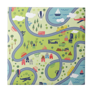 Kids Roadtrip Landscape Pattern Ceramic Tile