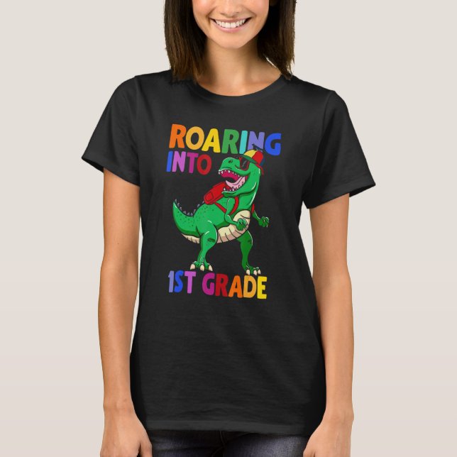 Kids Roaring Into 1st Grade Dinosaur Rex Back To S T-Shirt (Front)
