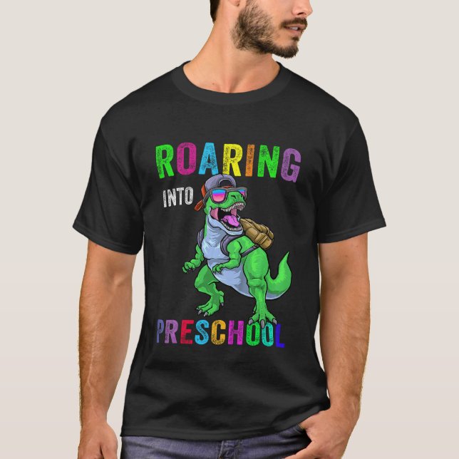 Kids Roaring Into Preschool Dinosaur 1st Day Back  T-Shirt (Front)