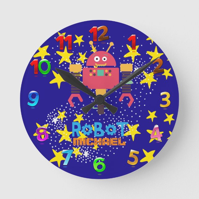 Kids ROBOT Bedroom Decor Pink Blue Named Nuts Bolt Round Clock (Front)