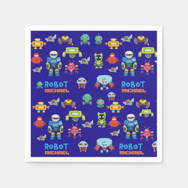 Kids ROBOTS Birthday Party Blue Funny Cartoon Napkin (Front)