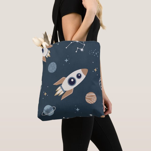 Kids Rocket, Planet and Star Pattern Tote Bag (Close Up)