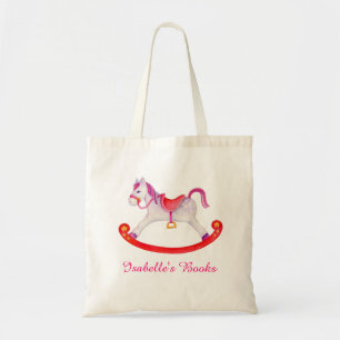 Kids rocking horse pink red grey library bag