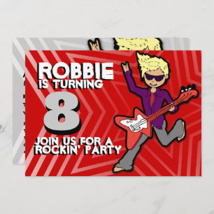 Kids rockstar boy 8th birthday red grey invitation