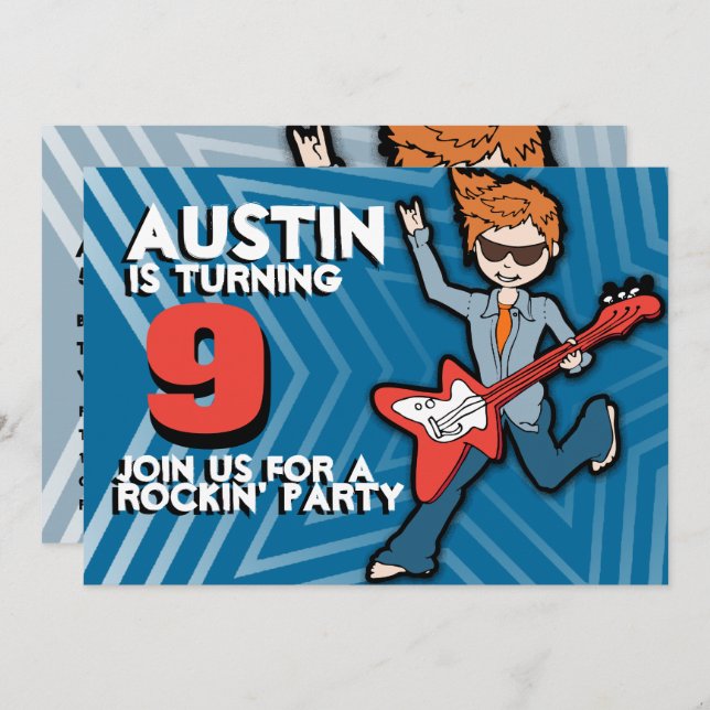 Kids rockstar boy 9th birthday blue invitation (Front/Back)