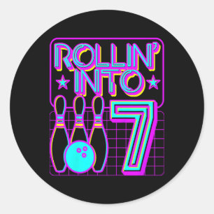 Kids Rollin Into 7 Bowling Bowler 7th Birthday Par Classic Round Sticker