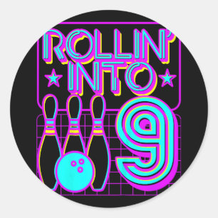 Kids Rollin Into 9 Bowling Retro Bowler 9th Birthd Classic Round Sticker