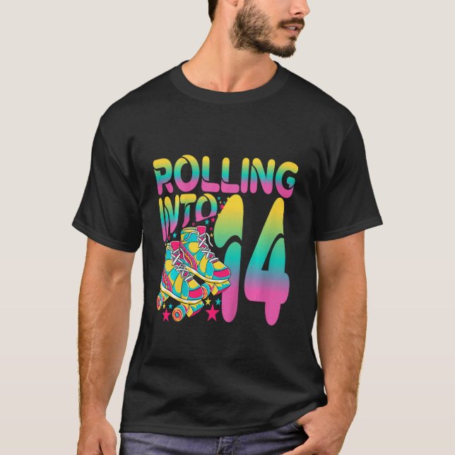 Kids Rolling Into 14 Happy 14th Birthday Roller Sk T-Shirt (Front)