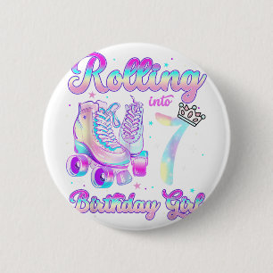 Kids Rolling Into 7 Roller Skating 7th Birthday Gi 6 Cm Round Badge