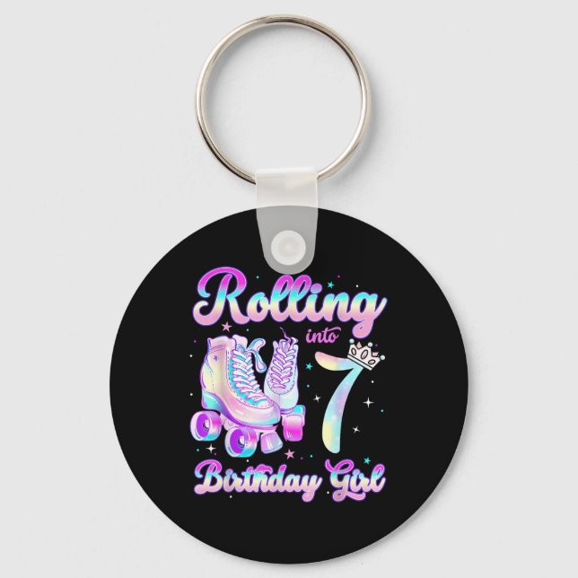 Kids Rolling Into 7 Roller Skating 7th Birthday Gi Key Ring (Front)
