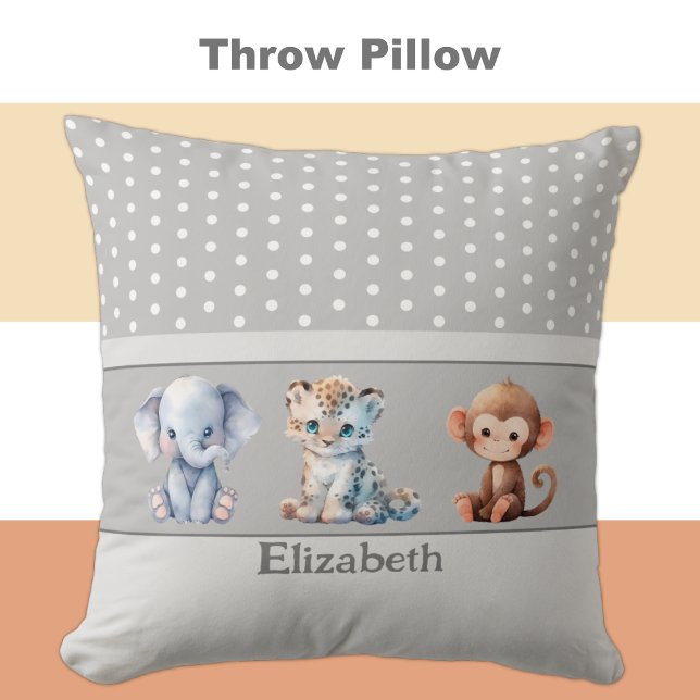 Kid's room add name cute animals grey cushion (Creator Uploaded)