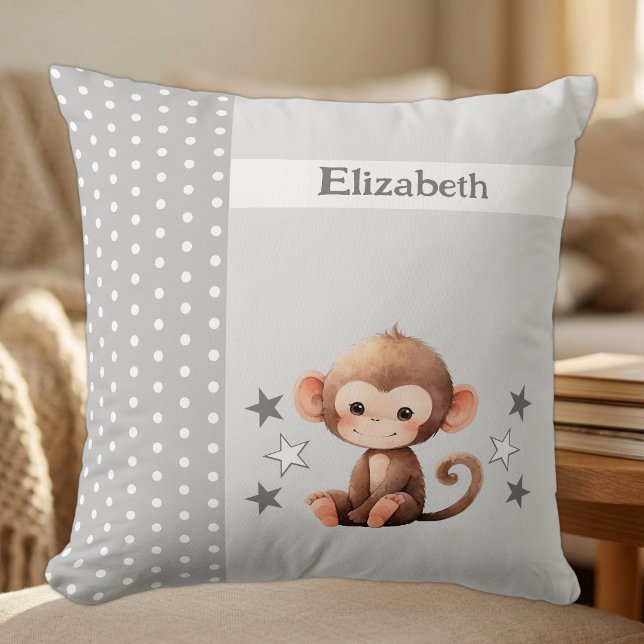 Kid's room add name cute monkey grey cushion (Creator Uploaded)