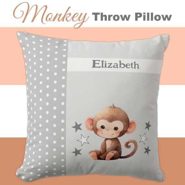 Kid's room add name cute monkey grey cushion (Creator Uploaded)