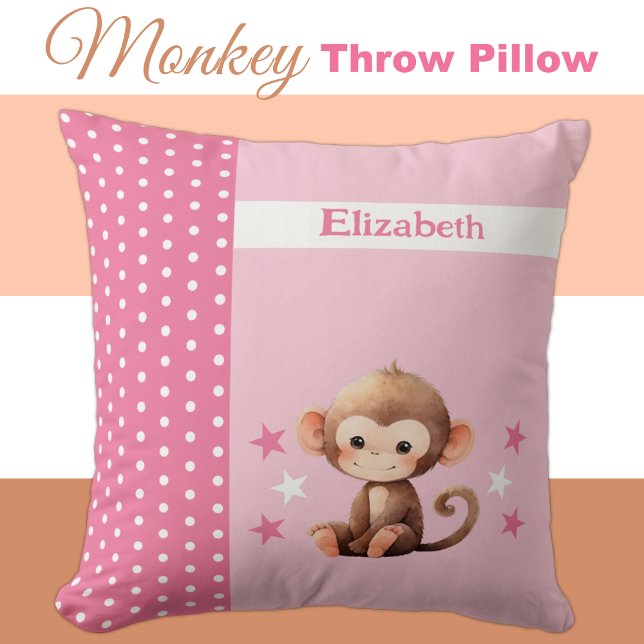 Kid's room add name cute monkey pink cushion (Creator Uploaded)