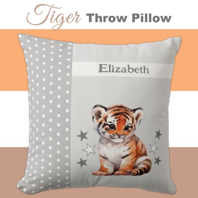 Kid's room add name cute tiger grey cushion (Creator Uploaded)