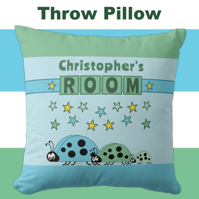 Kid's room Ladybugs add name blue green Cushion (Creator Uploaded)