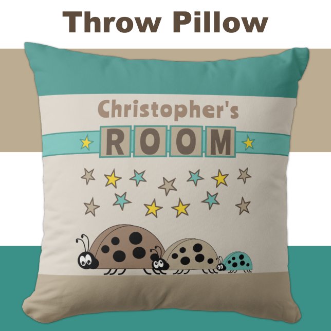 Kid's room Ladybugs add name brown green Cushion (Creator Uploaded)