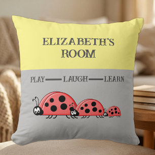 Kid's room Ladybugs custom name grey yellow Cushion