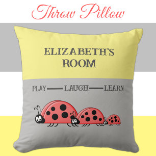 Kid's room Ladybugs custom name grey yellow Cushion