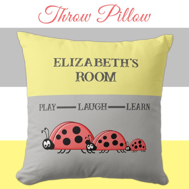 Kid's room Ladybugs custom name grey yellow Cushion (Creator Uploaded)