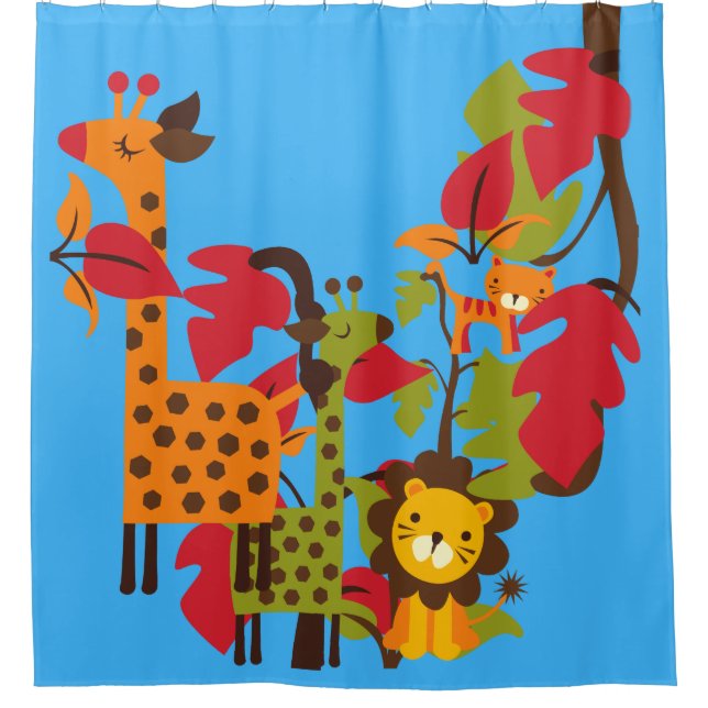 Kids Safari Animals Giraffes Tiger Lion Shower Curtain (Front)