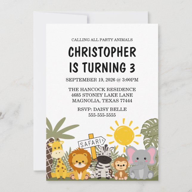Kid's Safari Birthday Party Invitation (Front)