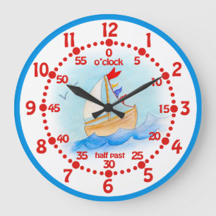 Kids sailing boat learn time blue white wall clock