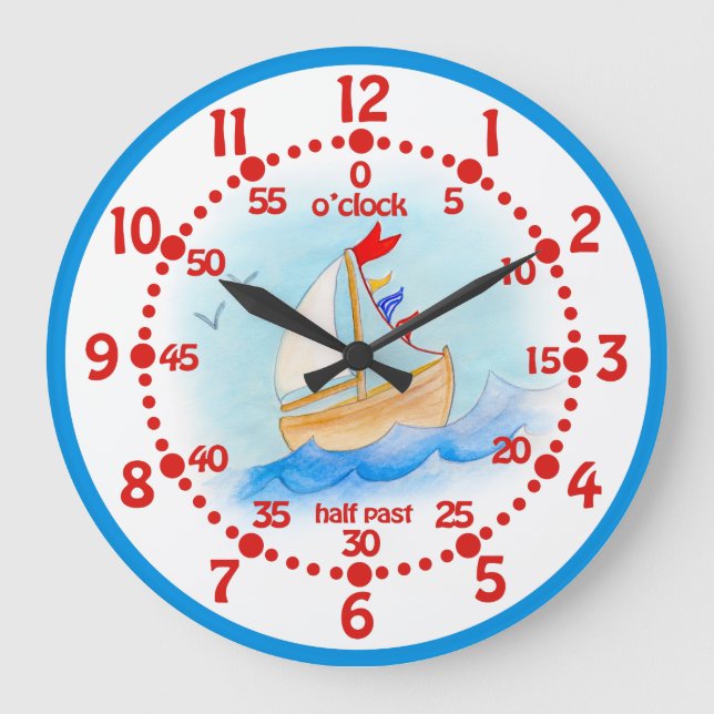 Kids sailing boat learn time blue white wall clock (Front)