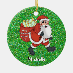 Kids Santa Christmas Picture Name Green Sparkle Ceramic Ornament