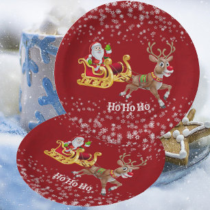 Kids Santa Christmas Reindeer Sleigh Snowflake Red Paper Plate