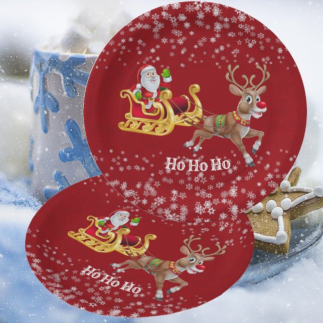 Kids Santa Christmas Reindeer Sleigh Snowflake Red Paper Plate (Kids Santa Christmas Reindeer Sleigh Snowflake Red Paper Plates)