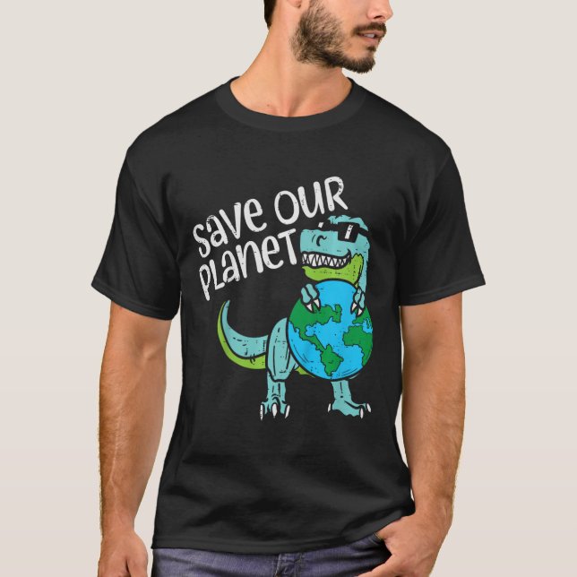 Kids Save Our Planet Trex Earth Cute Dinosaur Boys T-Shirt (Front)