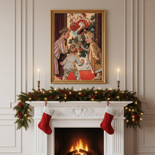 Kids See Mum Kissing Santa Claus Vintage Poster