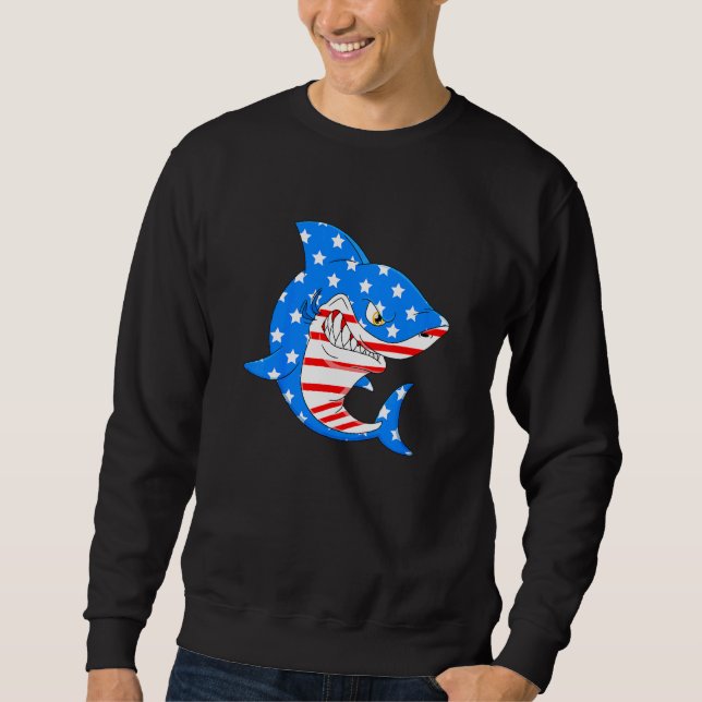 Kids Shark 4th Of July American Flag Patriotic Boy Sweatshirt (Front)