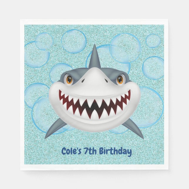 Kids Shark Aqua Glitter Birthday Party Napkins (Front)