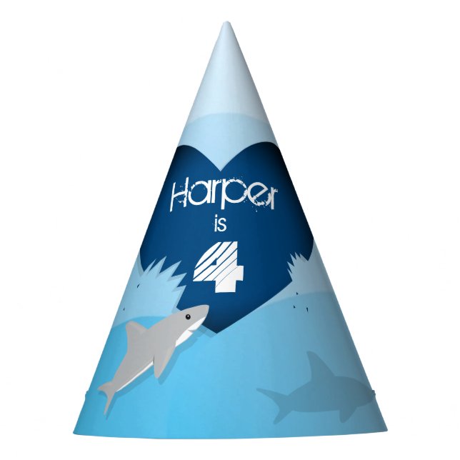 Kids Shark Birthday Blue Heart Ocean Party Hat (Front)